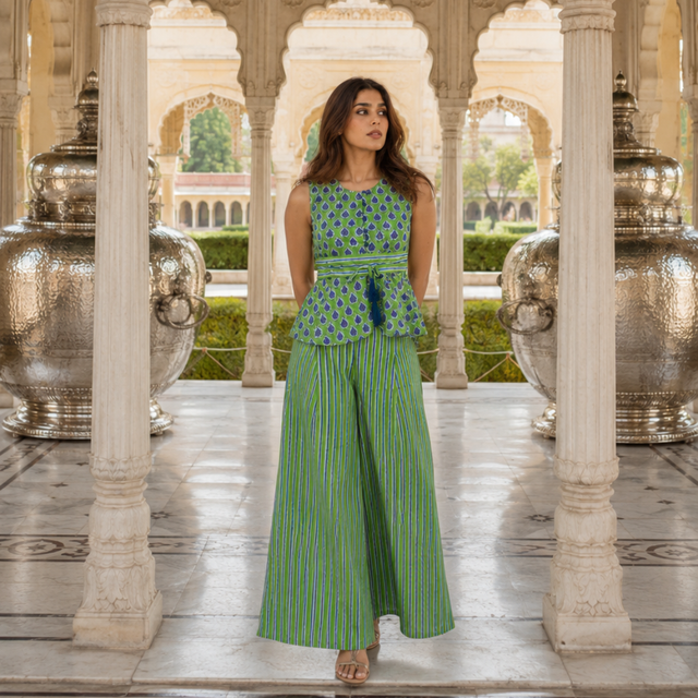 Green Block Printed Sleeveless Cotton Co-Ord Set