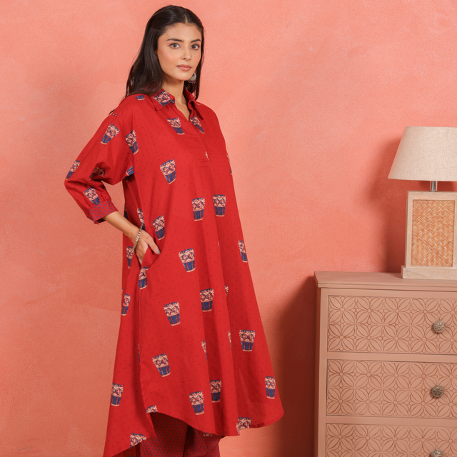 Brick Red Cotton Slub Asymmetric Kurta with Afghani Salwar