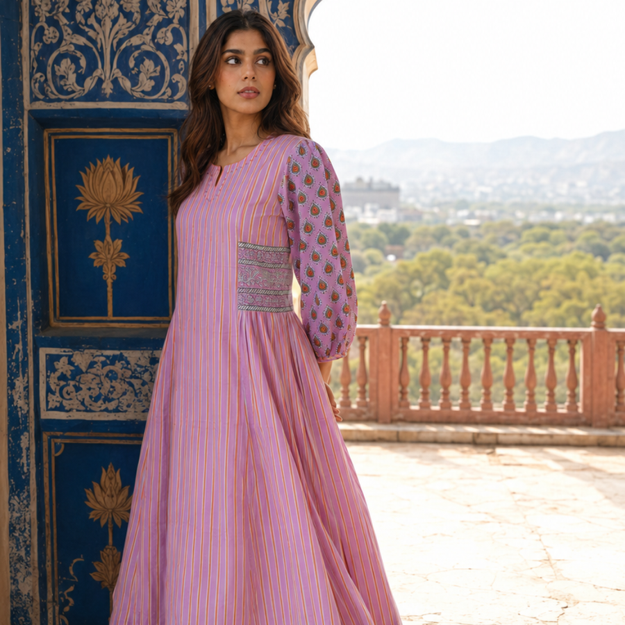 Pink hand block print cotton dress for women - front view - EKOHUM