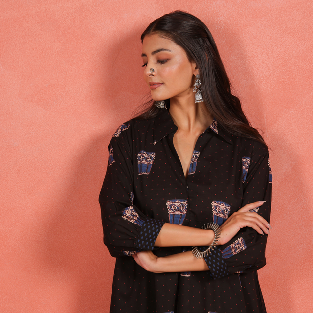 Black Cotton Slub Asymmetric Kurta with Afghani Salwar