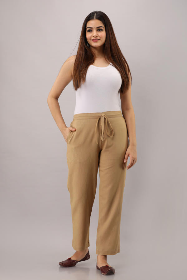 Beige Cotton Narrow Bottom Flex Pant