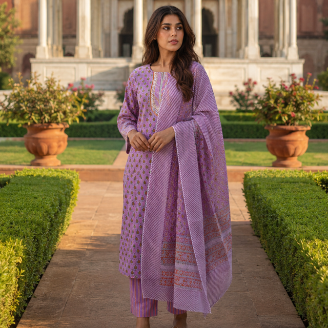 Pink Block Printed Cotton Lace Work Suit Set