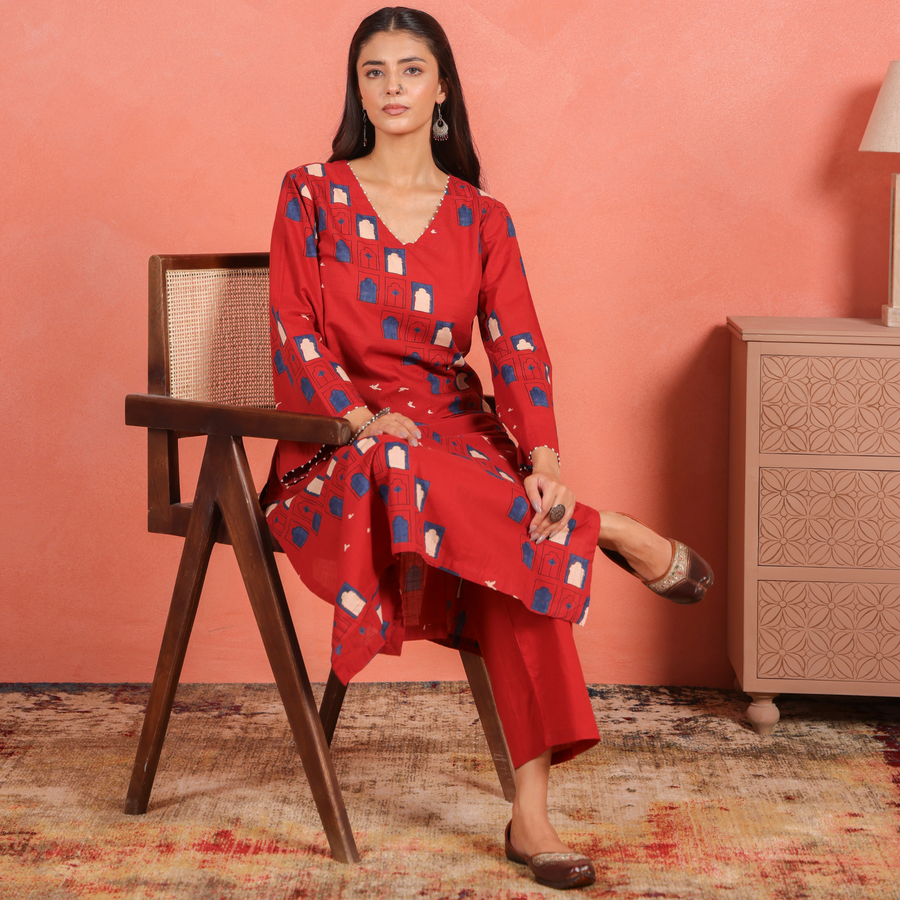 Brick Red Cotton Slub Kurta Pant Set with Beads Hand Work