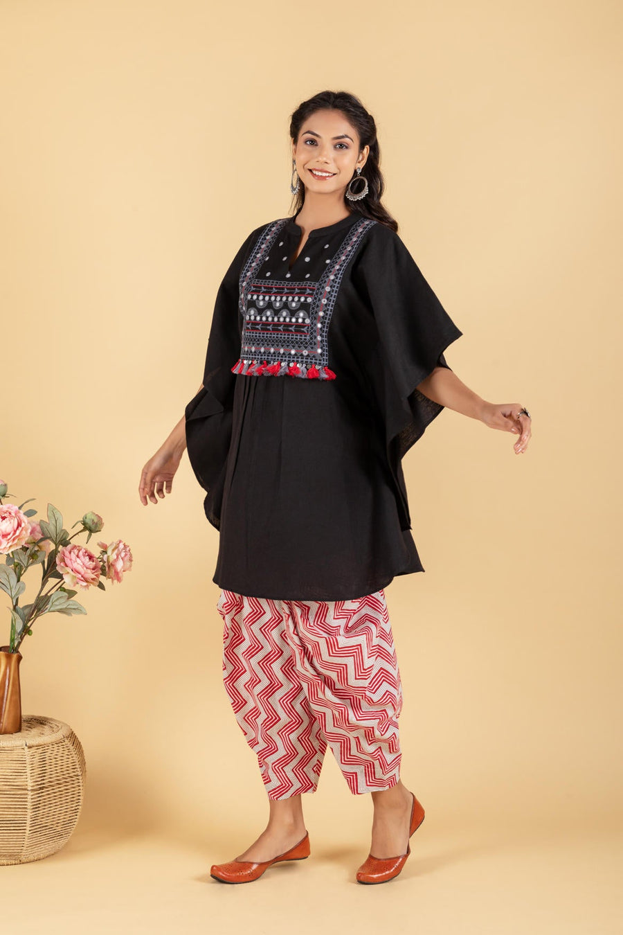 Mirror and Thread Embroidered yoke kaftan with Printed Dhoti