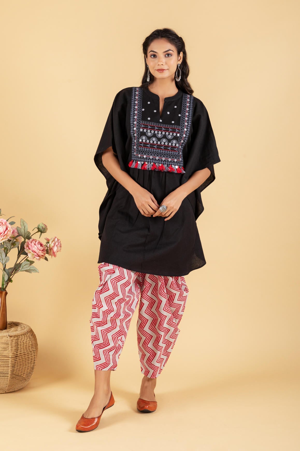 Mirror and Thread Embroidered yoke kaftan with Printed Dhoti