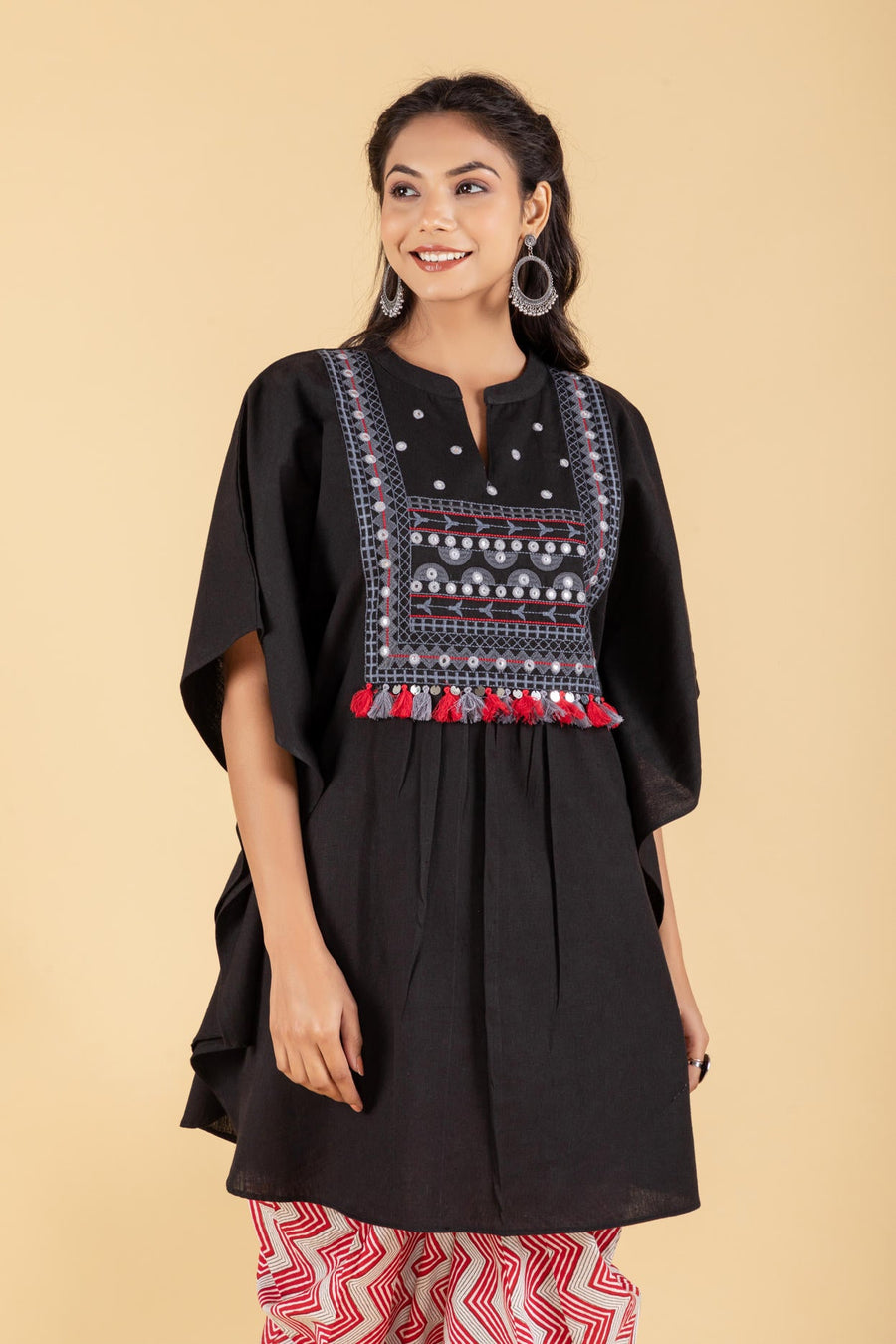 Mirror and Thread Embroidered yoke kaftan with Printed Dhoti