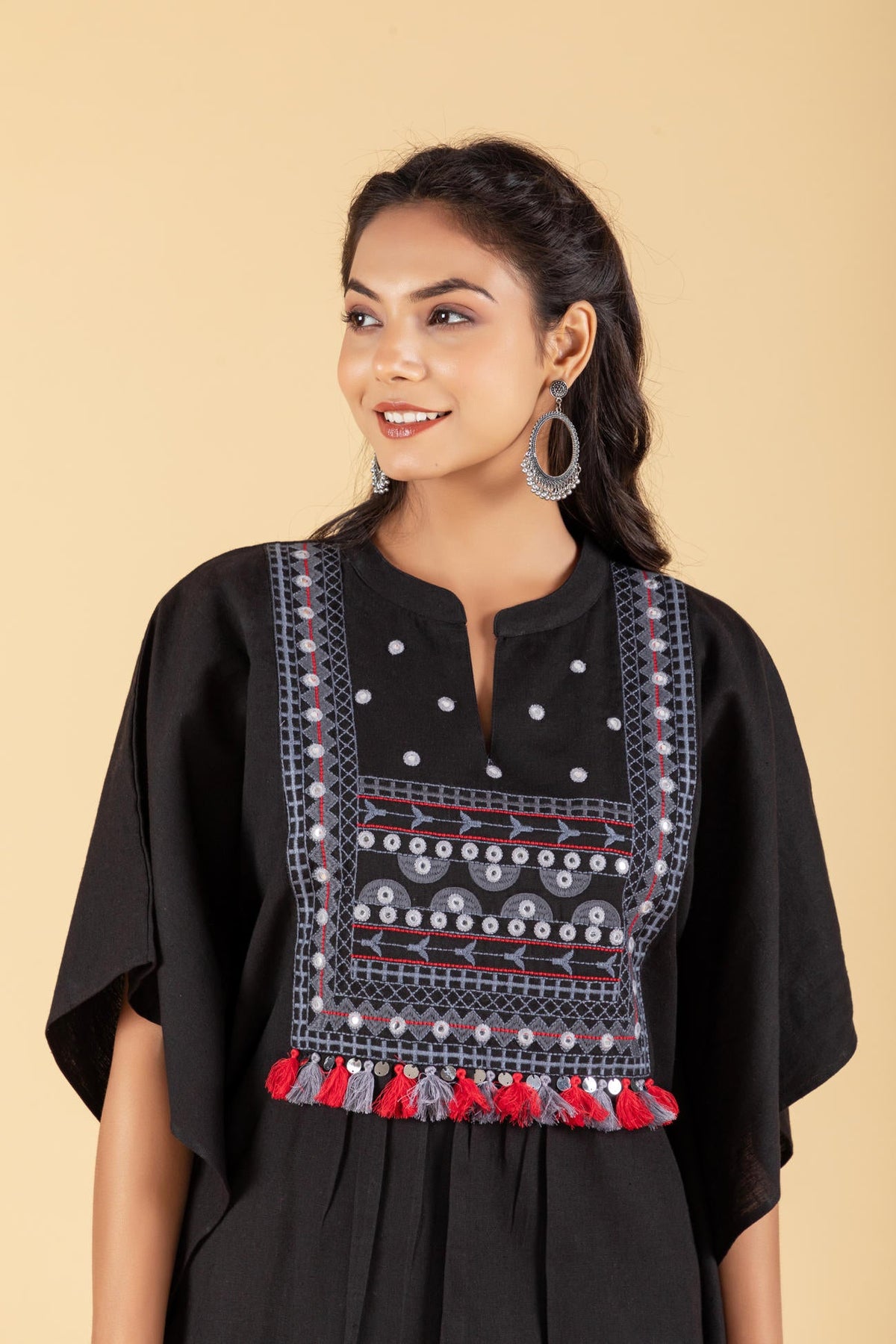 Mirror and Thread Embroidered yoke kaftan with Printed Dhoti