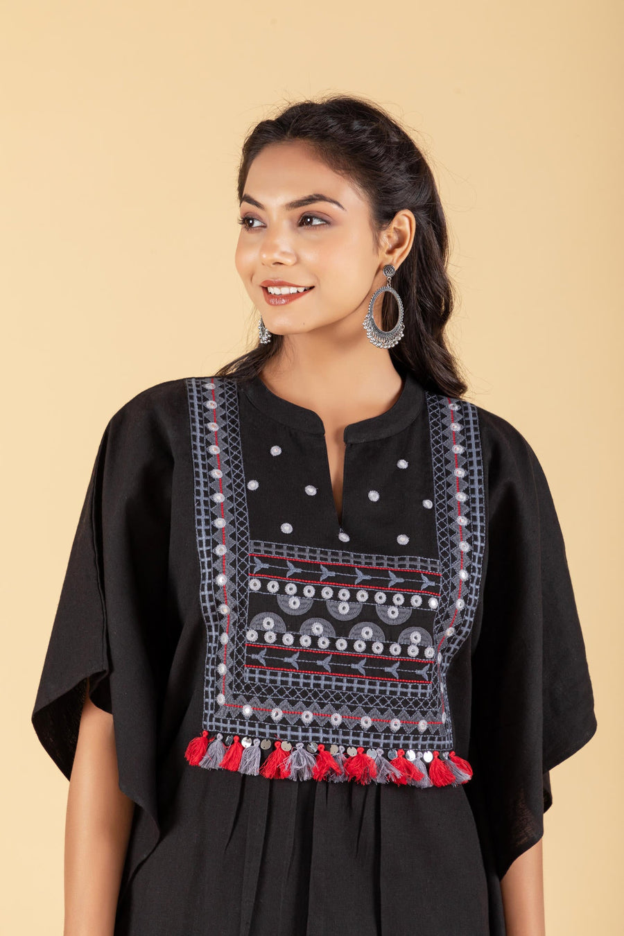 Mirror and Thread Embroidered yoke kaftan with Printed Dhoti