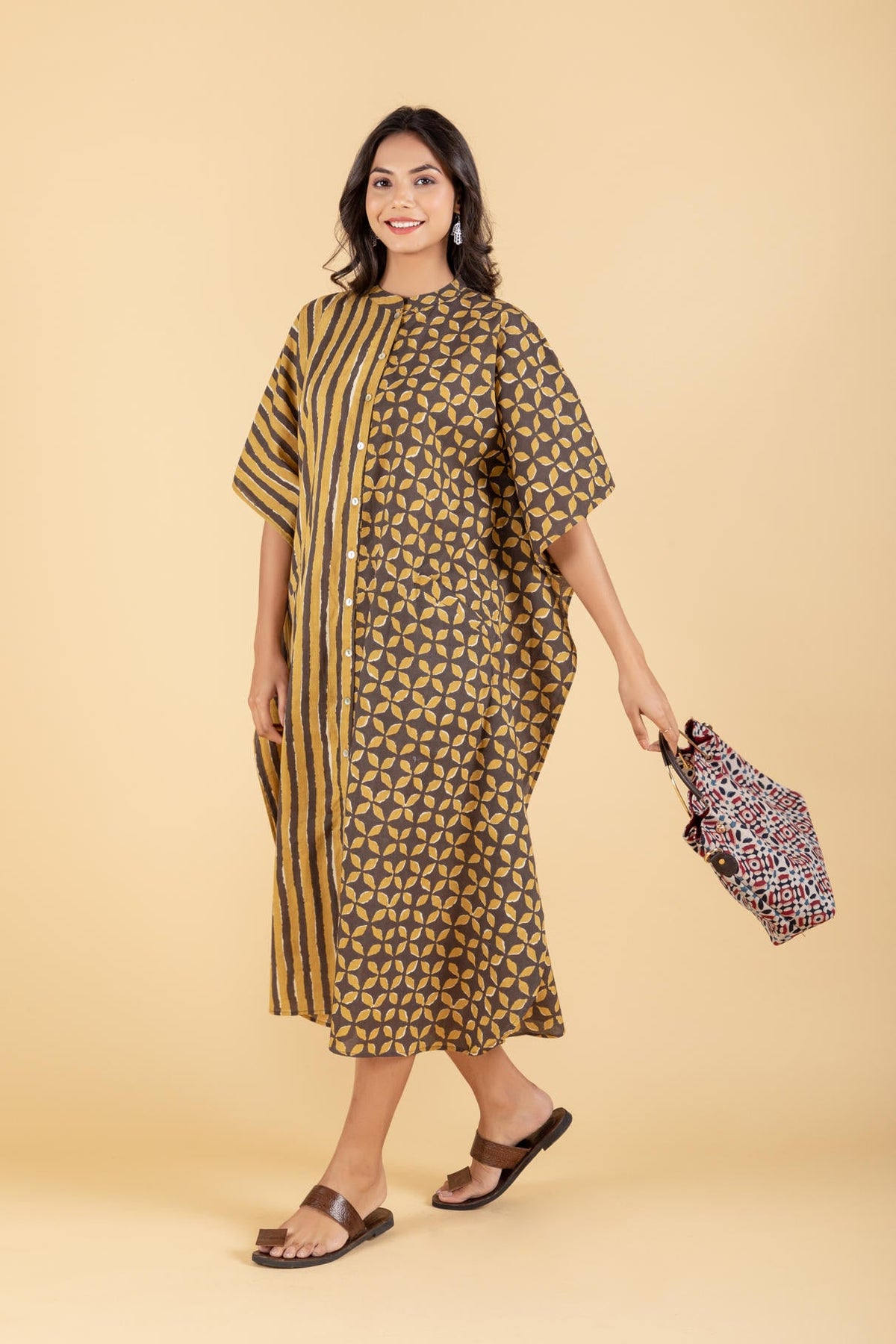 Hand Block Printed Mustard Brown Kaftan Dress with Pocket