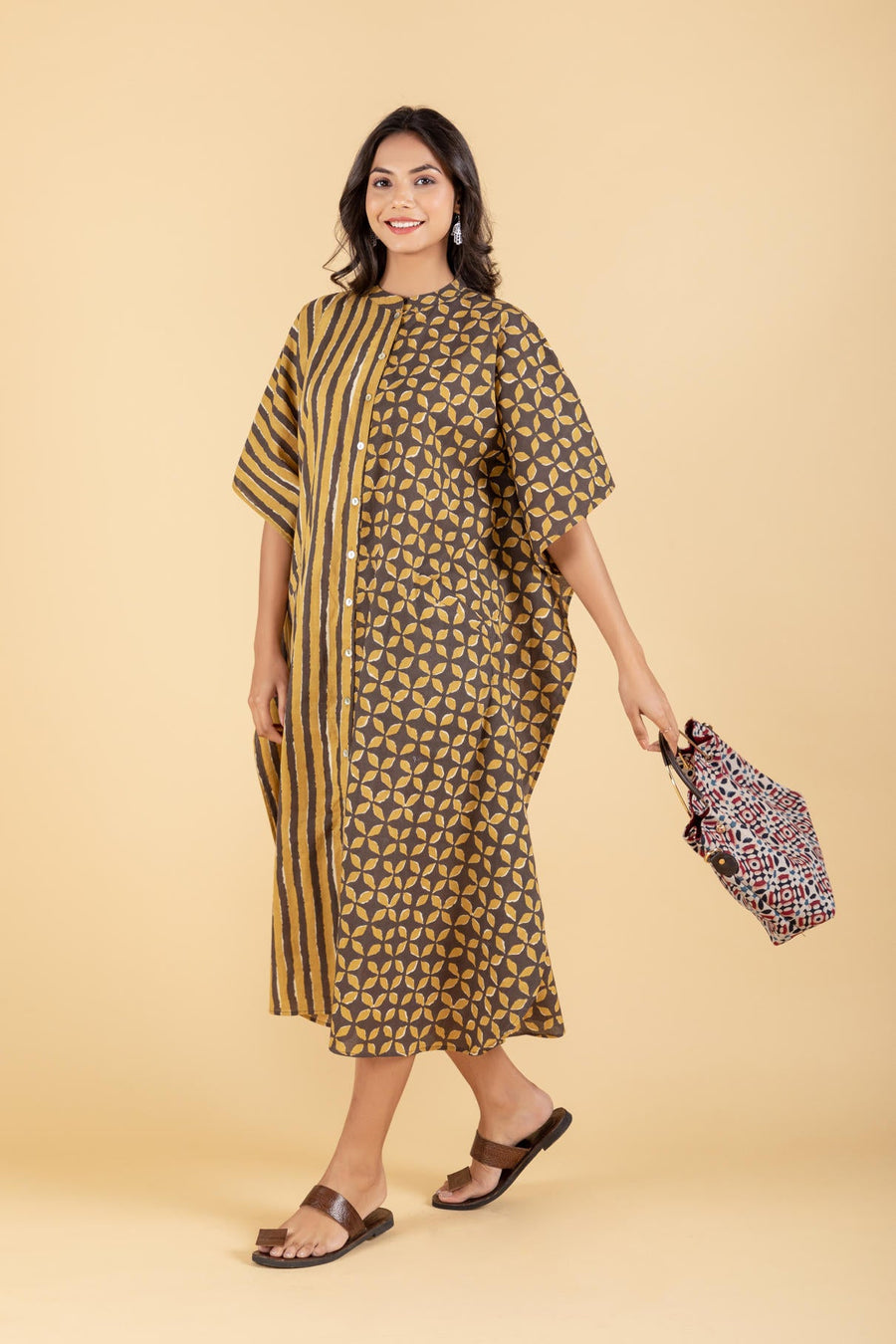 Hand Block Printed Mustard Brown Kaftan Dress with Pocket