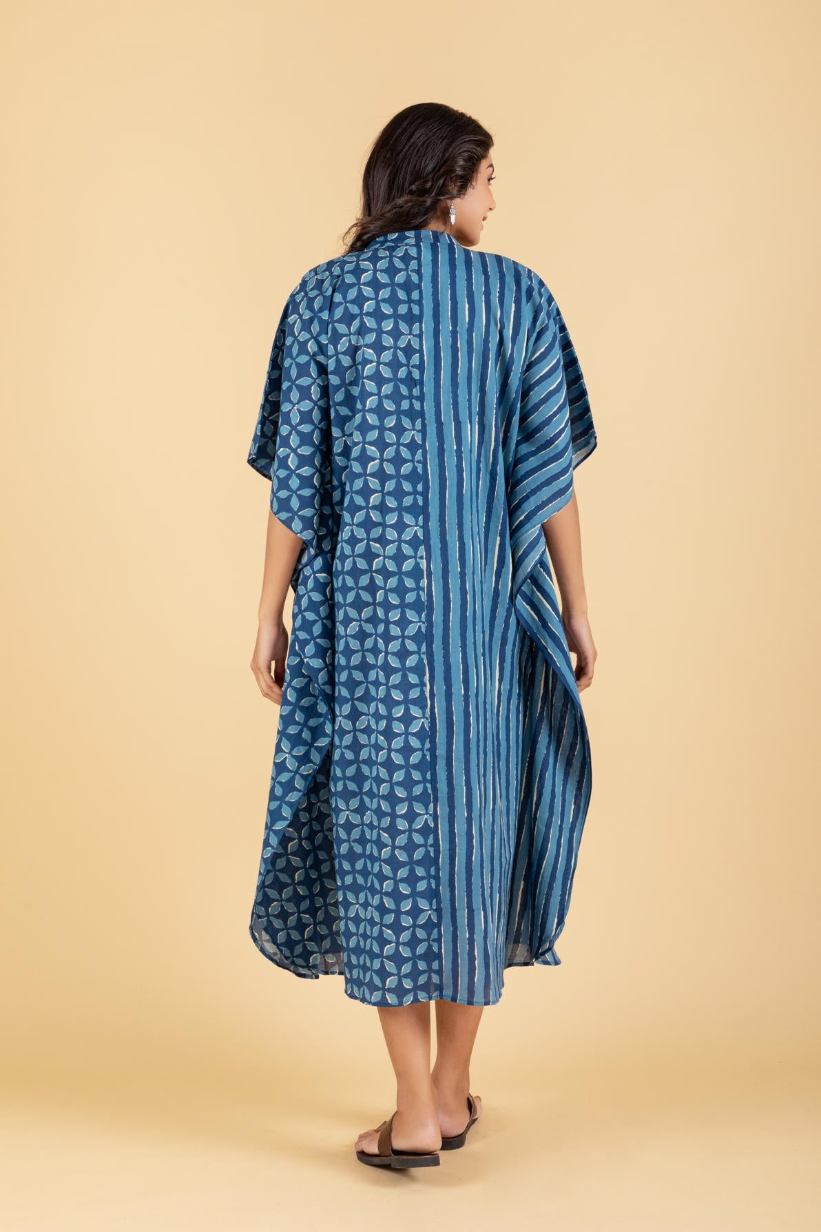 Hand Block Printed Indigo Kaftan Dress with Pocket