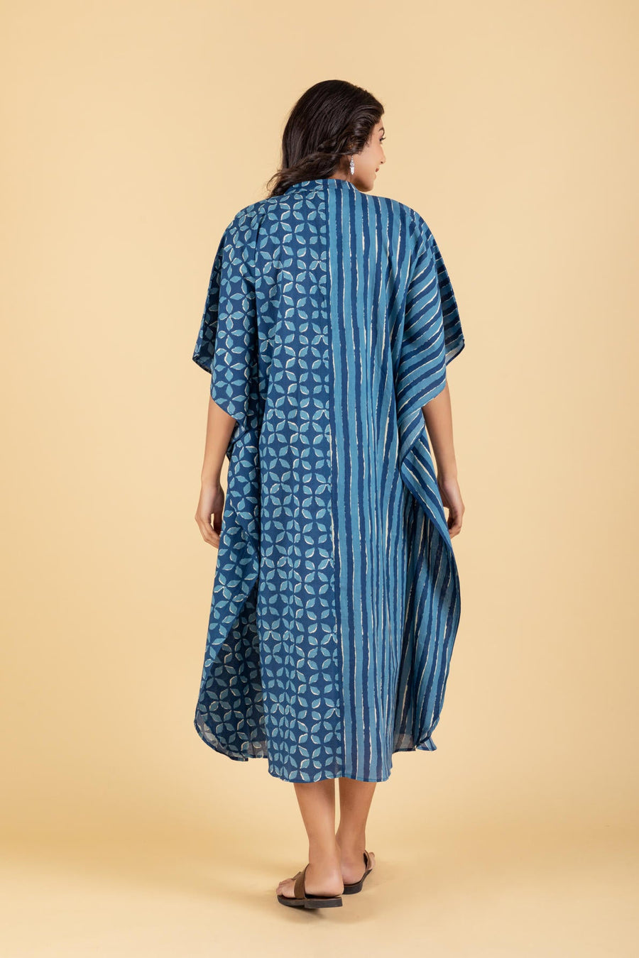 Hand Block Printed Indigo Kaftan Dress with Pocket