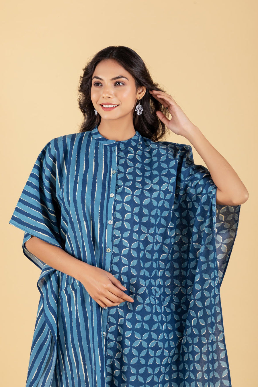 Hand Block Printed Indigo Kaftan Dress with Pocket