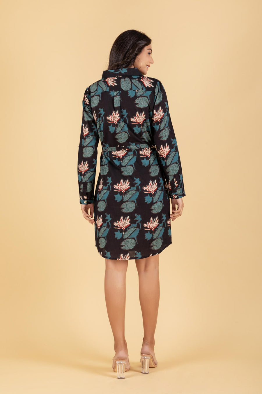 Black Tropical Block Printed Shirt Dress