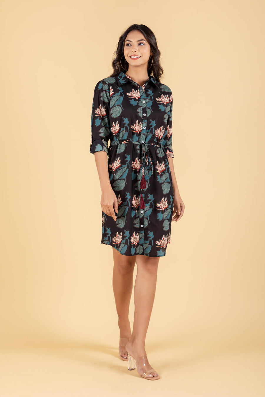 Black Tropical Block Printed Shirt Dress
