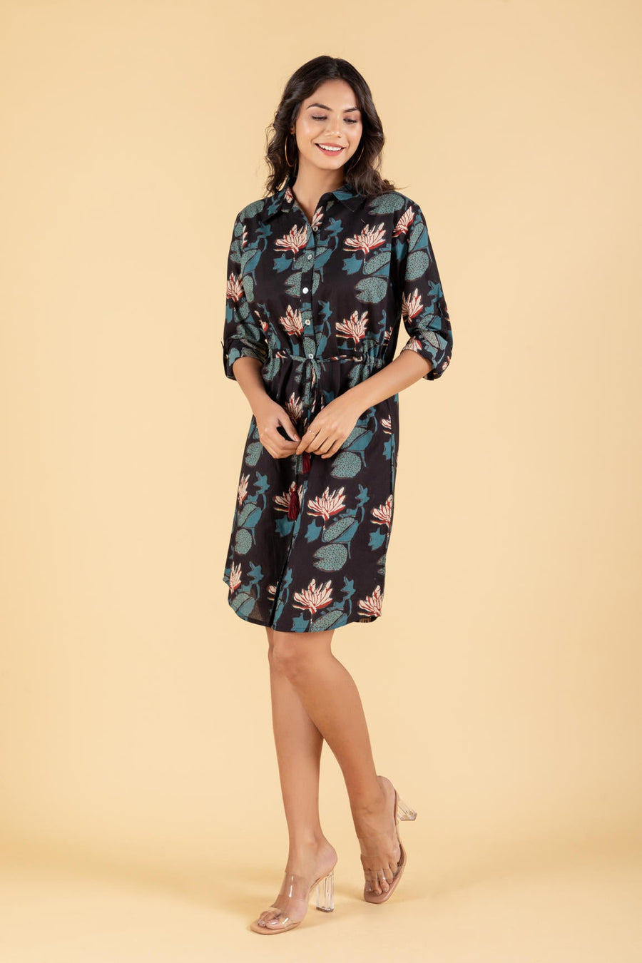 Black Tropical Block Printed Shirt Dress