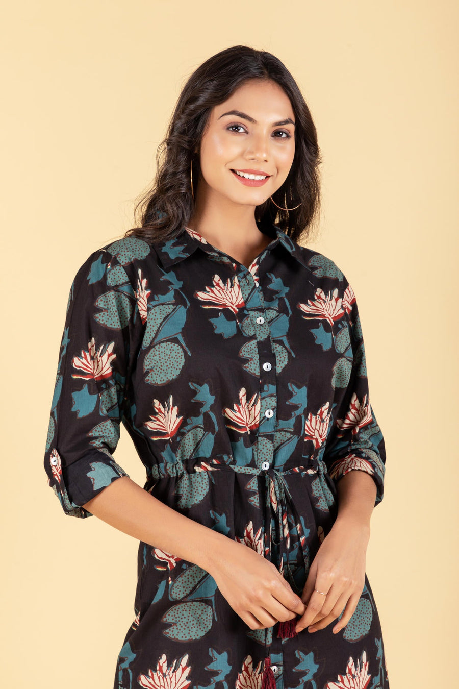 Black Tropical Block Printed Shirt Dress