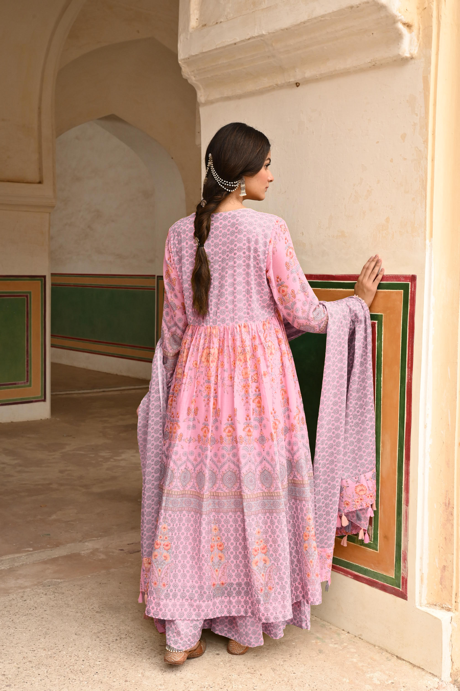 Pink Mulmul Embroidered Kurta Palazzo Set with Dupatta