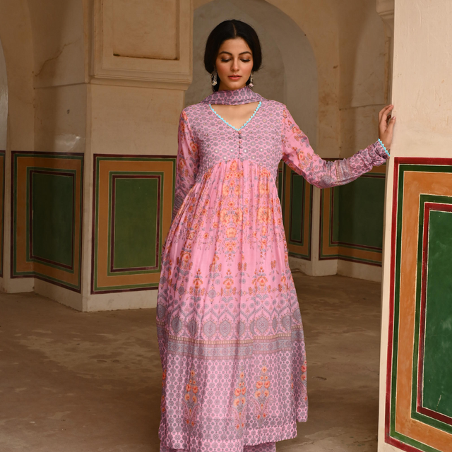 Pink Mulmul Embroidered Kurta Palazzo Set with Dupatta