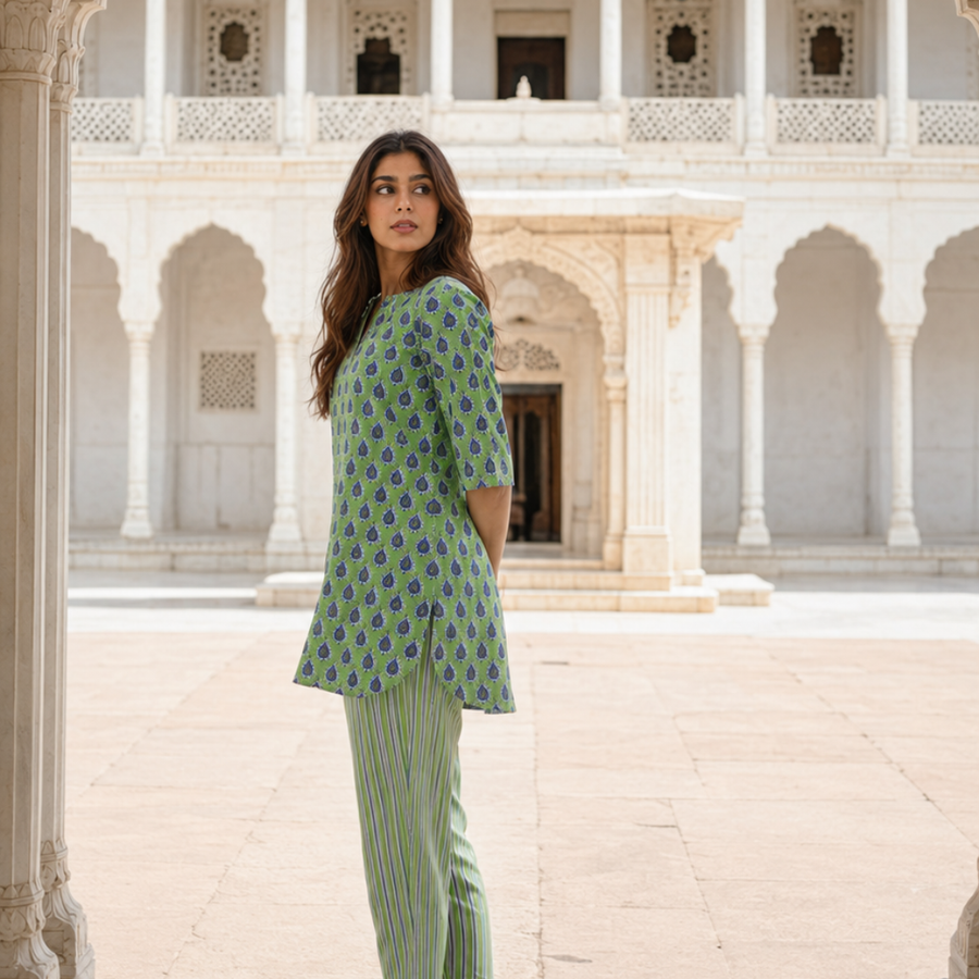 Green collar neck cotton co-ord set for women - front view - EKOHUM