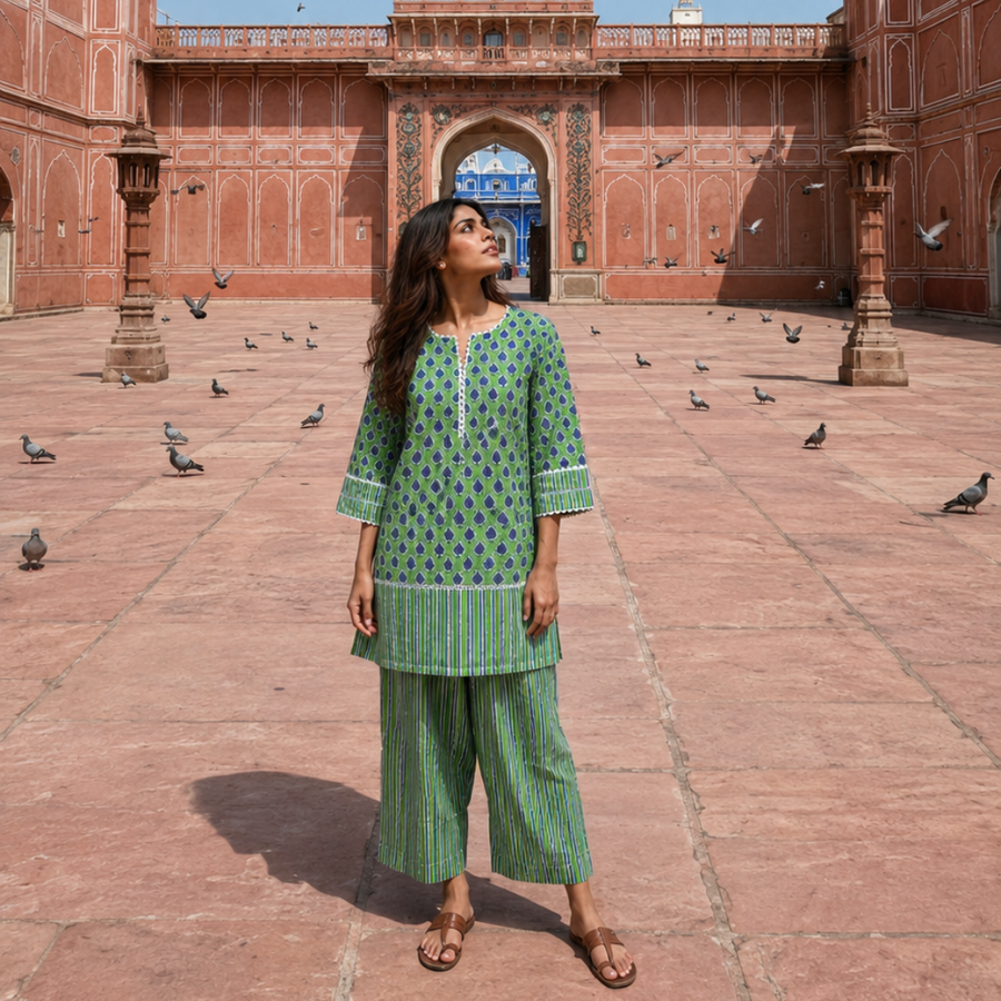 Green hand block print cotton kurta farshi salwar set - front view - EKOHUM