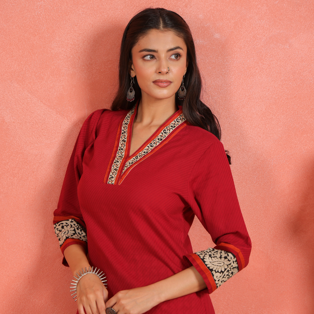 Maroon Cotton Dobby Kantha Hand Embroidered Kurta with Printed Cotton Afghani Salwar