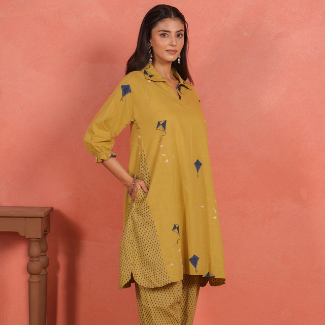 Yellow Cotton Slub A-Line Kurta with Afghani Salwar