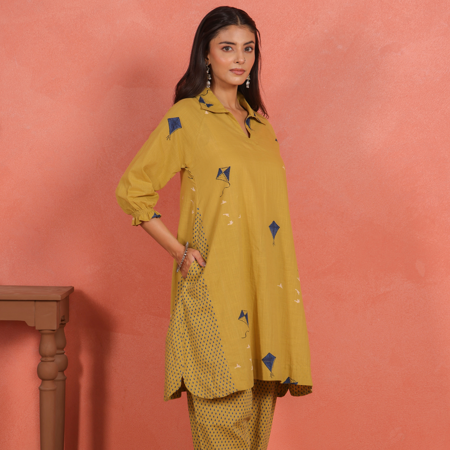 Yellow Cotton Slub A-Line Kurta with Afghani Salwar