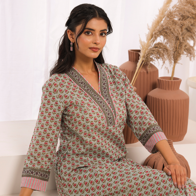 Sage Green Cotton Comfort Fit A-Line Kurta with Printed Cotton Pants