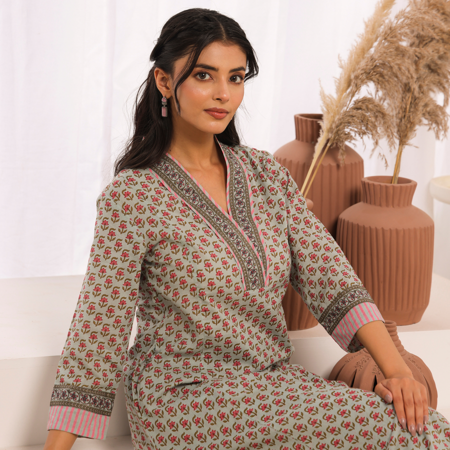 Sage Green Cotton Comfort Fit A-Line Kurta with Printed Cotton Pants