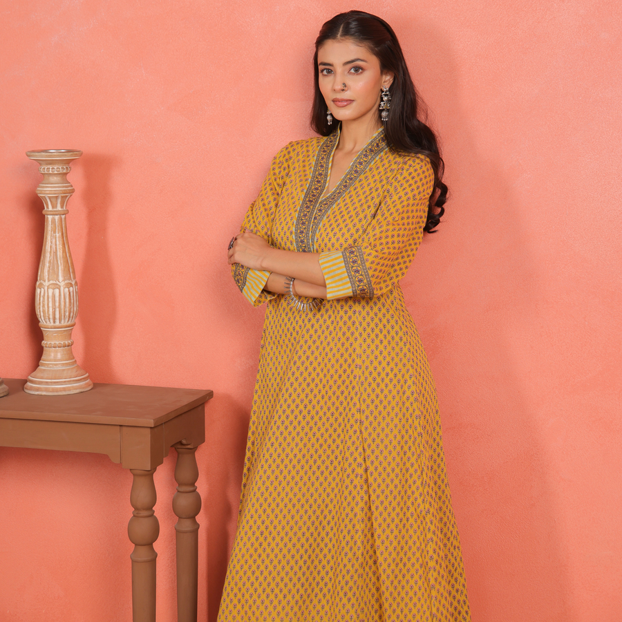 Yellow Cotton Comfort Fit A-Line Kurta with Printed Cotton Pants