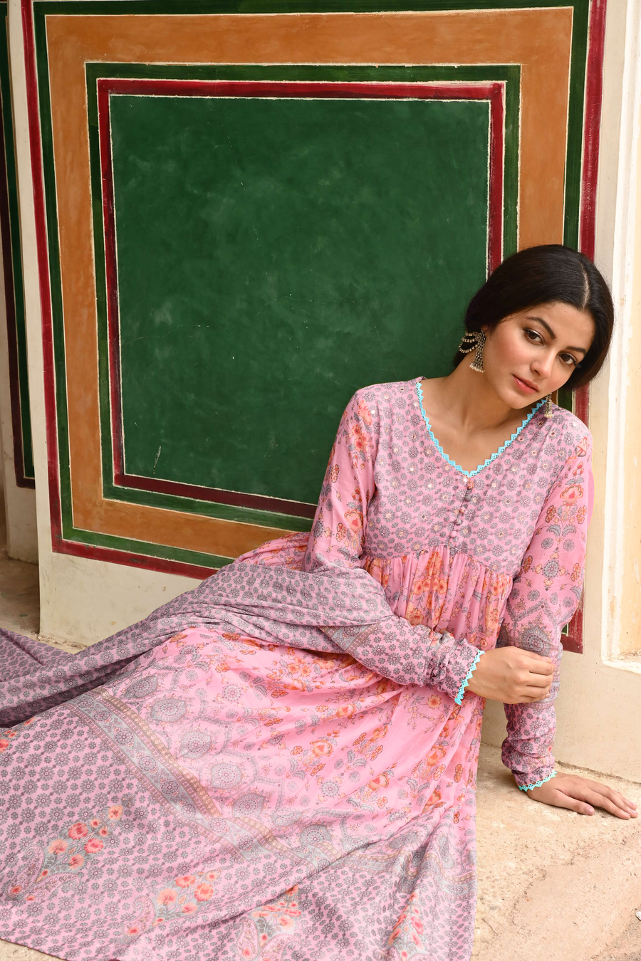 Pink Mulmul Embroidered Kurta Palazzo Set with Dupatta