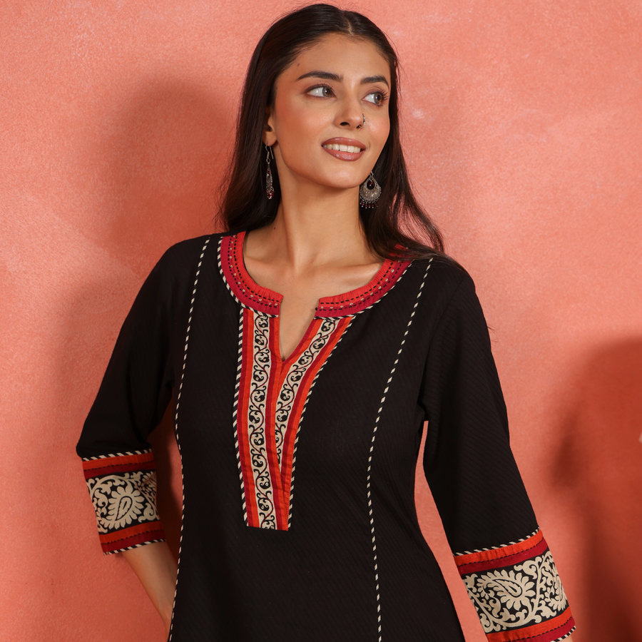 Black Cotton Dobby Kantha Sequin Hand Work Kurta with Printed Afghani Salwar