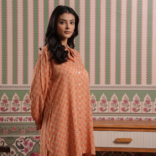 Ochre Yellow Muslin Asymmetric Comfort Fit Front Open Kurta with Pants