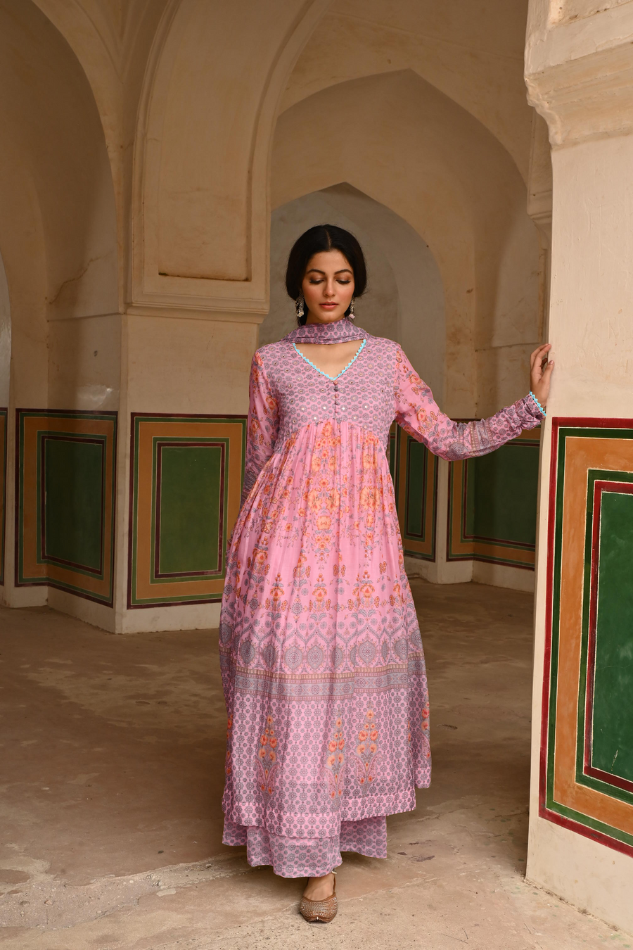 Pink Mulmul Embroidered Kurta Palazzo Set with Dupatta