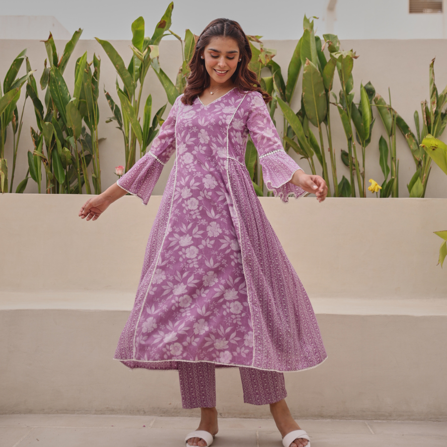 Purple Mul Cotton Gathered Kurta with All-Over Lace Work & Bell Sleeves