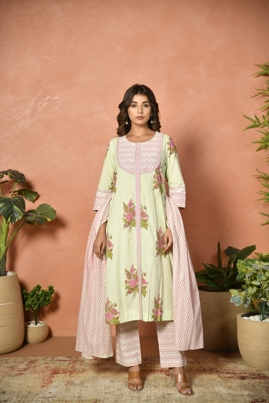 Pista green festive embroidered cotton suit set - full outfit - EKOHUM