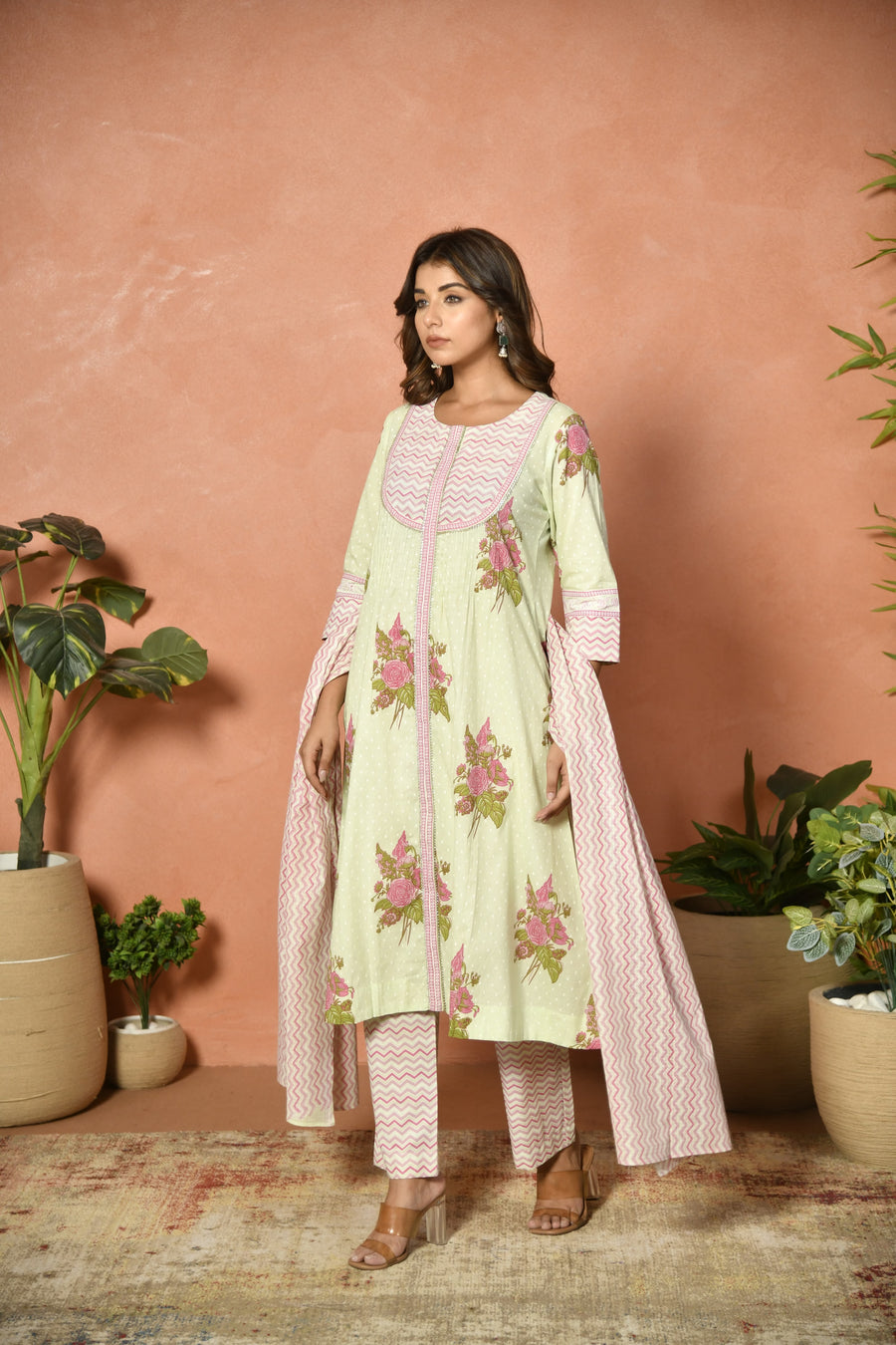 Pista green festive embroidered cotton suit set - back view - EKOHUM
