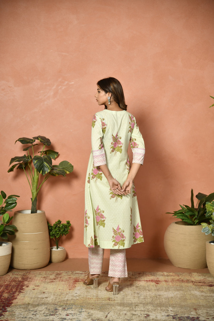 Pista green festive embroidered cotton suit set - front view - EKOHUM