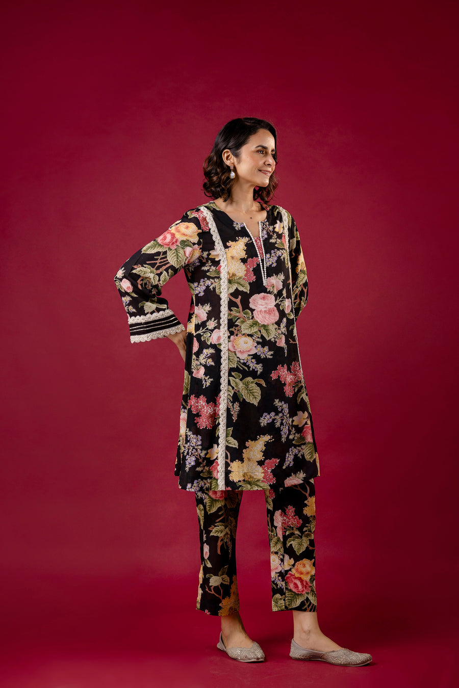 Black Printed Modal Co-Ord Set with Pearl Lace Work