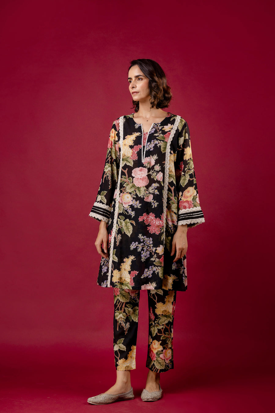 Black Printed Modal Co-Ord Set with Pearl Lace Work