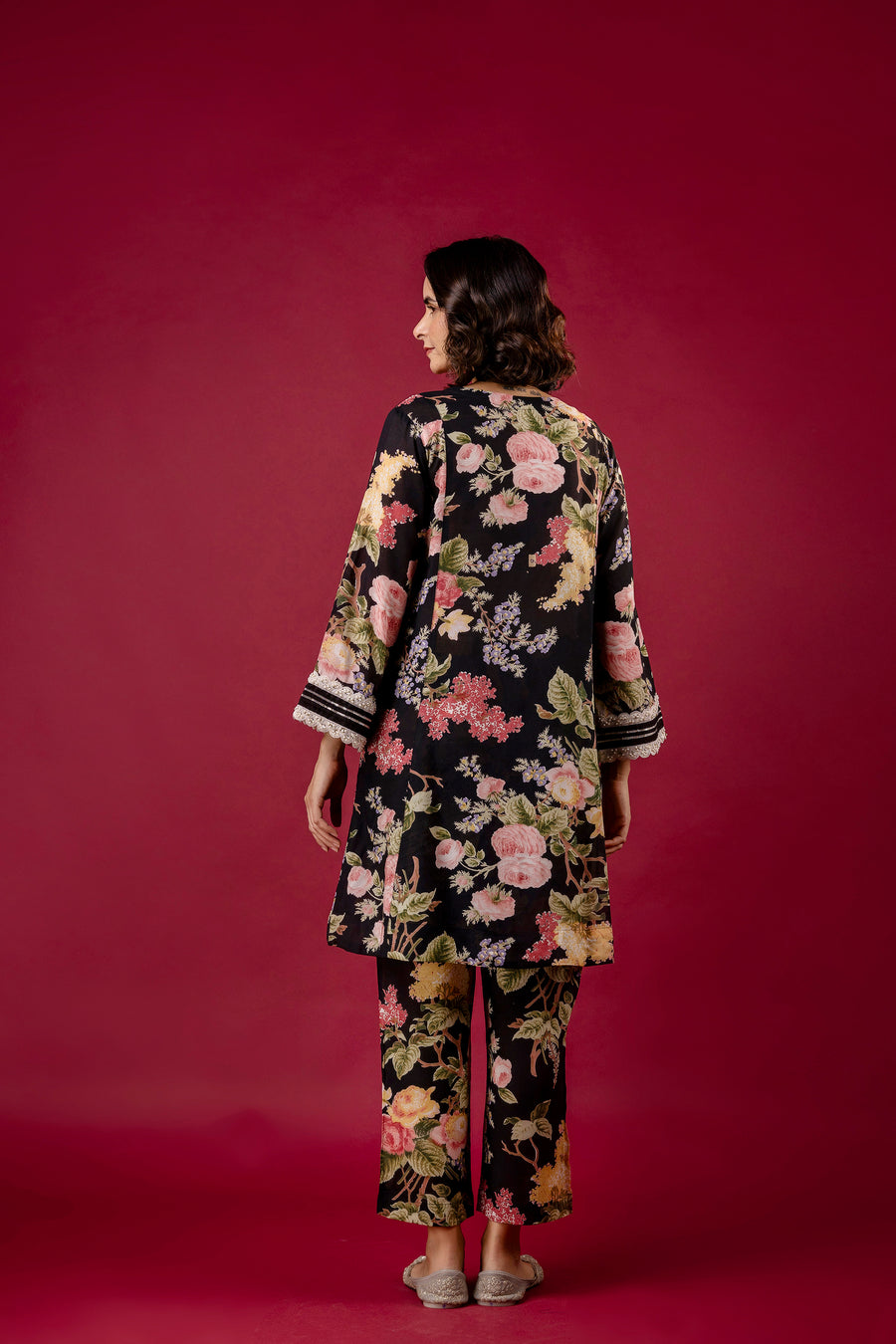 Black Printed Modal Co-Ord Set with Pearl Lace Work