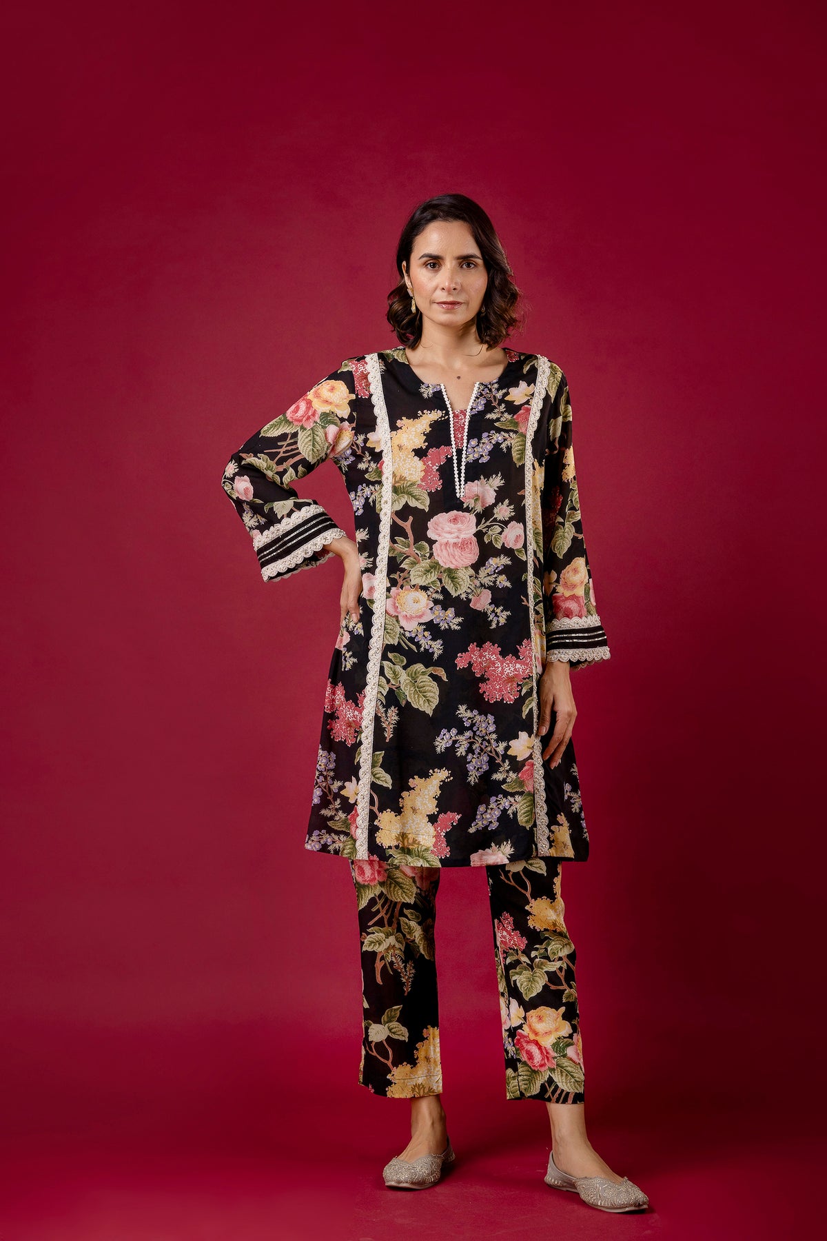 Black Printed Modal Co-Ord Set with Pearl Lace Work