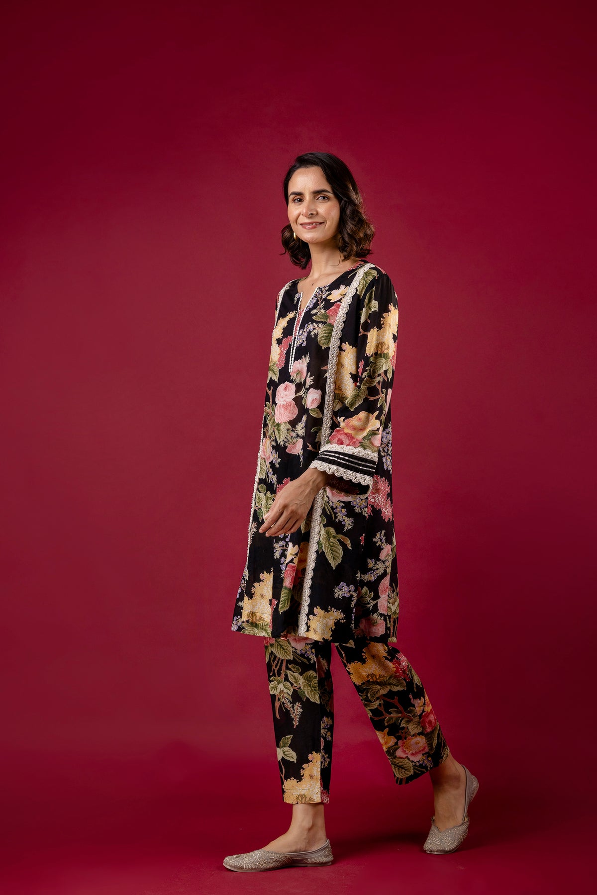 Black Printed Modal Co-Ord Set with Pearl Lace Work