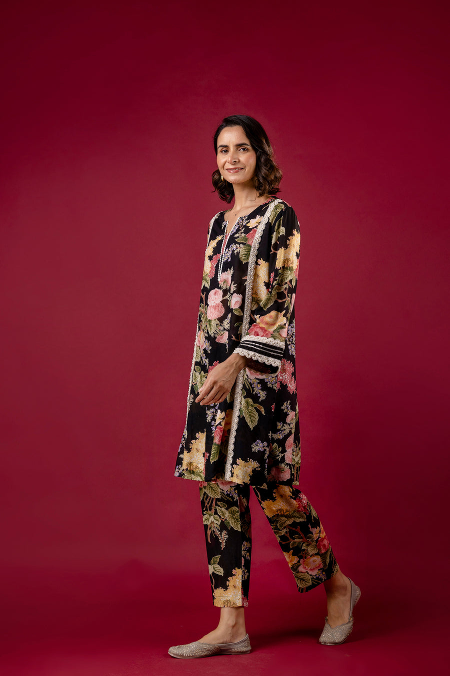 Black Printed Modal Co-Ord Set with Pearl Lace Work
