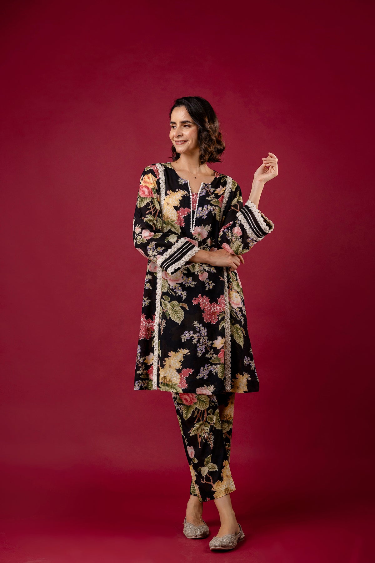 Black Printed Modal Co-Ord Set with Pearl Lace Work