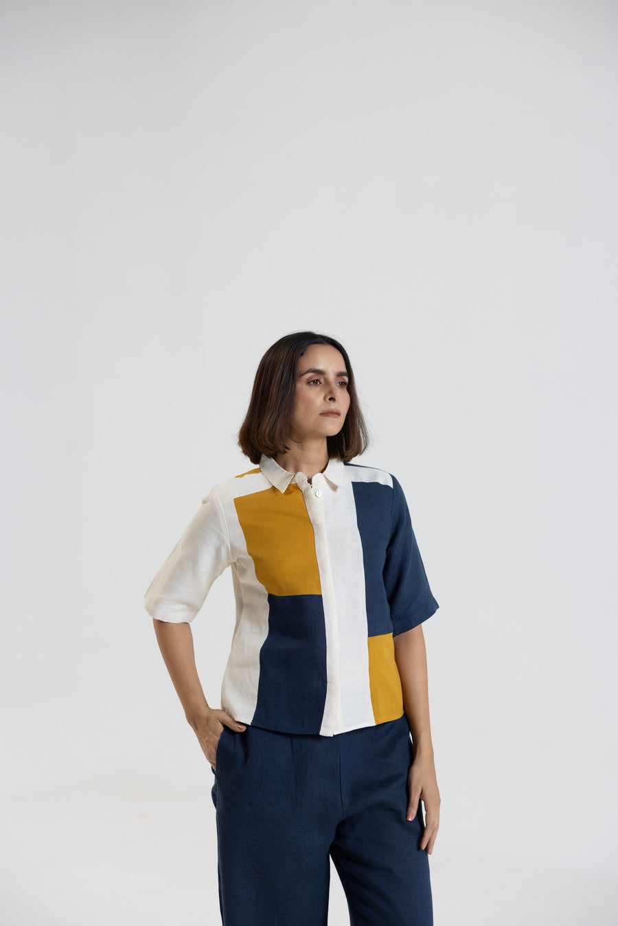 Cotton Linen Shirt Pant Set in Colour Block