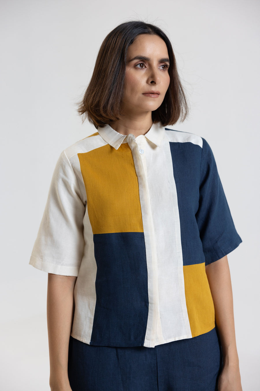 Cotton Linen Shirt Pant Set in Colour Block