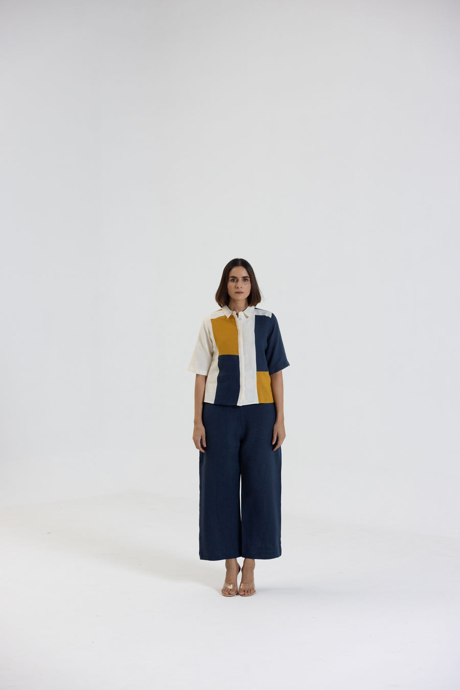 Cotton Linen Shirt Pant Set in Colour Block