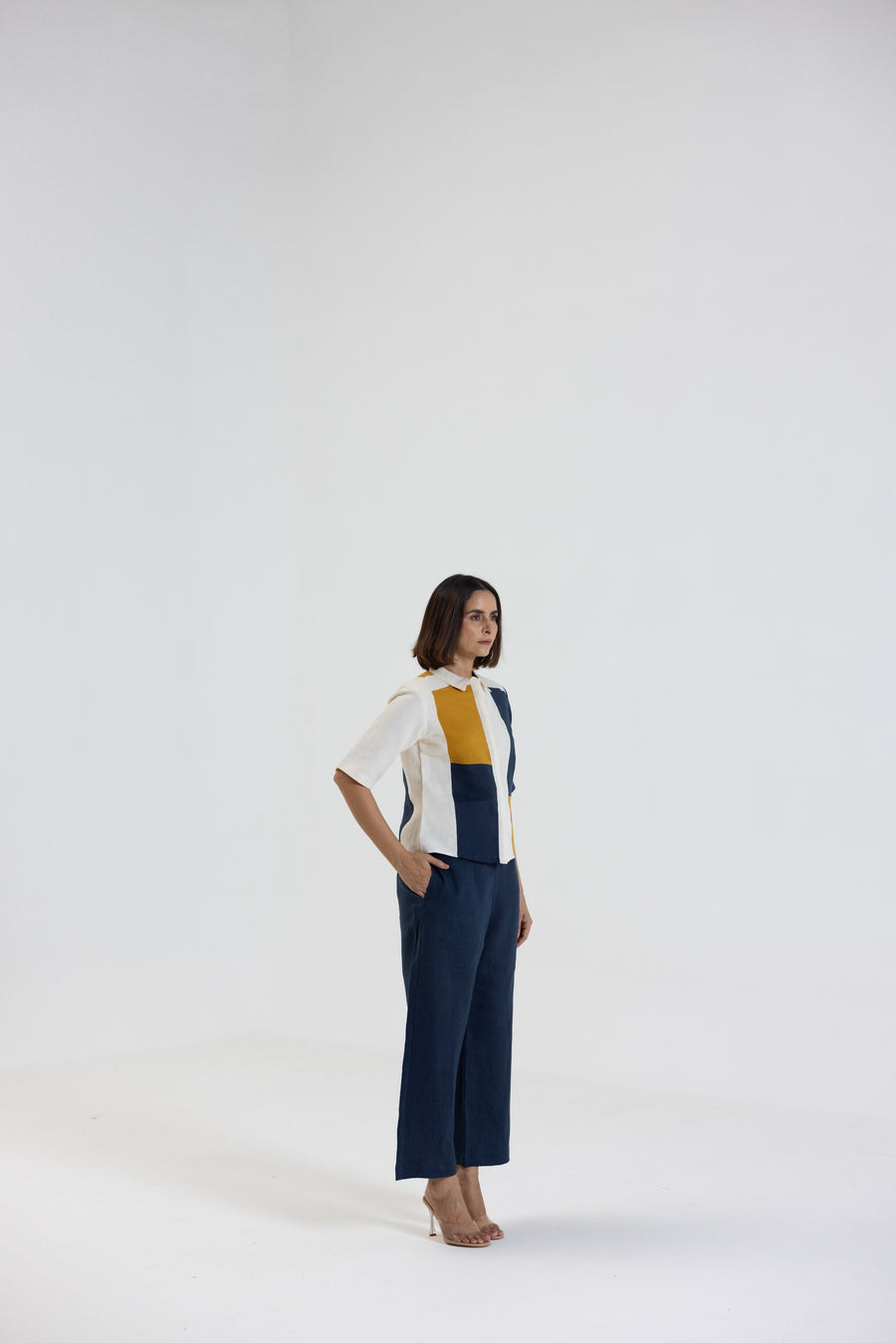 Cotton Linen Shirt Pant Set in Colour Block
